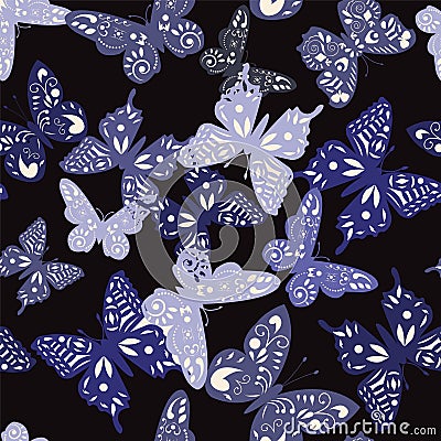 Pattern of collection butterflies on black background Vector Illustration