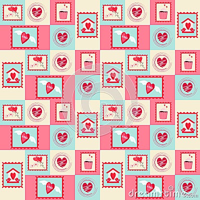 Pattern of colored blocks and elements for Valentine's Day. Stamps. Cups, hearts, birds and birdhouse, balloons Vector Illustration