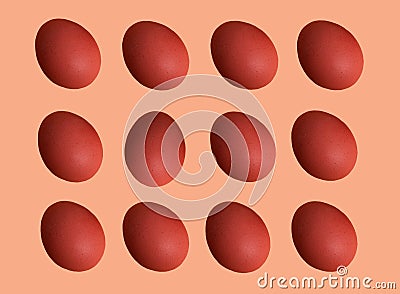 Pattern of colored chicken eggs isolated on pastel background. Top view. Minimalistic design Stock Photo