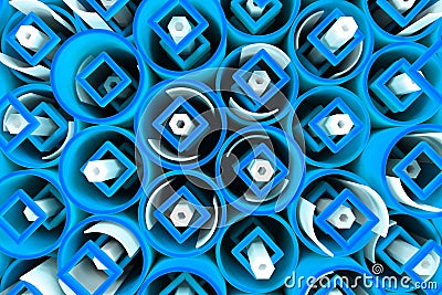 Pattern of colored tubes, repeated square elements, white hexagons and surfaces Cartoon Illustration