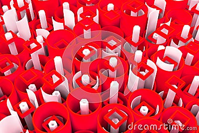 Pattern of colored tubes, repeated square elements, white hexagons and surfaces Cartoon Illustration