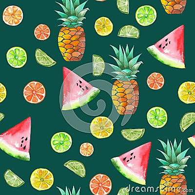 A pattern with the colored watercolor candied fruits, pineapple, lime and watermelon Stock Photo