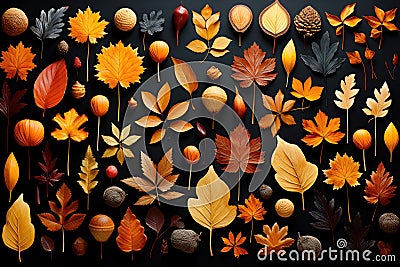 Pattern of colorful autumn leaves on black. Thanksgiving or halloween background Stock Photo