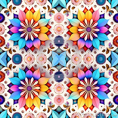 Rapport seamless of rosettes ornaments multicolor tapestry pattern. Generative AI. Pattern mirrored repeat duplicates background Stock Photo