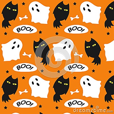 A pattern consisting of an image of an owl with a ghost, an inscription and bones Vector Illustration