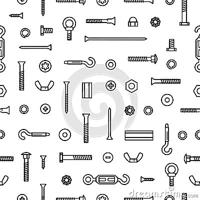 Pattern construction hardware, screws, bolts, nuts and rivets. Equipment stainless, fasteners, metal fixation gear on Vector Illustration