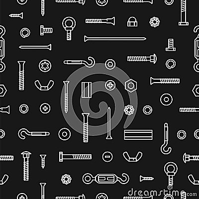 Pattern construction hardware, screws, bolts, nuts and rivets. Seamless pattern equipment stainless, fasteners, metal Vector Illustration