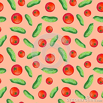 Pattern of cucumbers and tomatoes on a pink background. Pattern for kitchen, apron, towels, napkins, curtains Cartoon Illustration