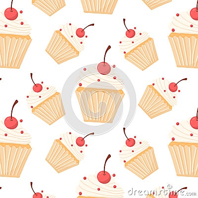 Pattern with cupcake and cherry. Seamless pattern with muffin with cream. Vector Illustration