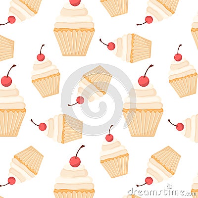 Pattern with cupcake and cherry. Seamless pattern with muffin with cream. Vector Illustration