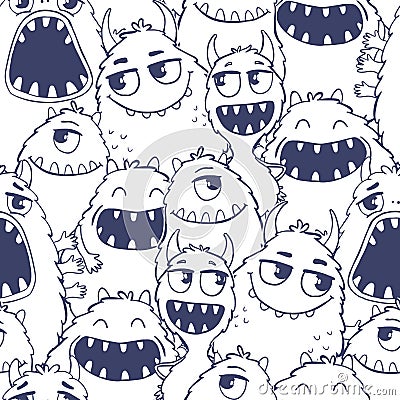 Pattern with cute cartoon monsters. Vector Illustration