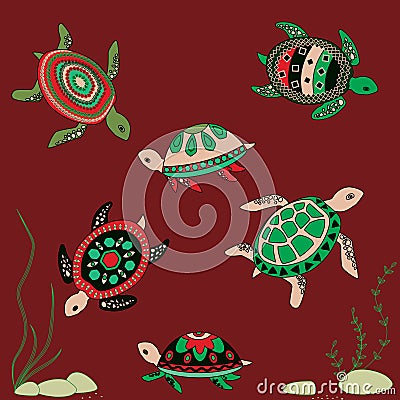 Pattern with cute cartoon tortoise. Vector Illustration