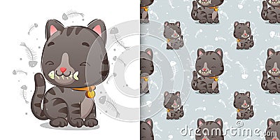 The pattern of a cute cat is eating a fish bone with a very happy face Vector Illustration