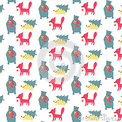 Pattern with cute Chtistmas animals Vector Illustration