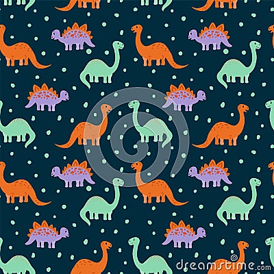 A pattern with cute dinosaurs. Children's Fund of wild animals doodle. Cartoon characters for textiles. Vector Illustration
