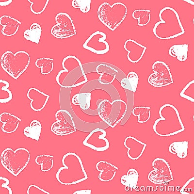 Pattern with cute grunge white hearts on pink Vector Illustration