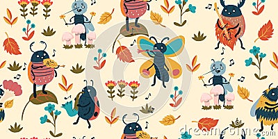 Pattern with cute insect musicians. Vector graphics Stock Photo