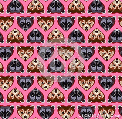 Raccoon and bear-cat heart pattern Vector Illustration