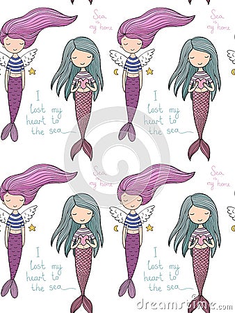 Pattern with cute little mermaid. Siren. Sea theme. Vector Illustration
