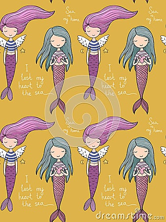 Pattern with cute little mermaid. Siren. Sea theme. Vector Illustration