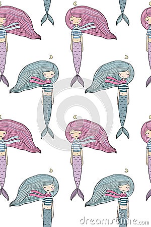 Pattern with cute little mermaid. Siren. Sea theme. Vector Illustration