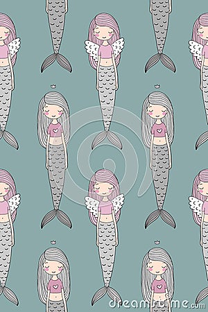 Pattern with cute little mermaid. Siren. Sea theme. Vector Illustration