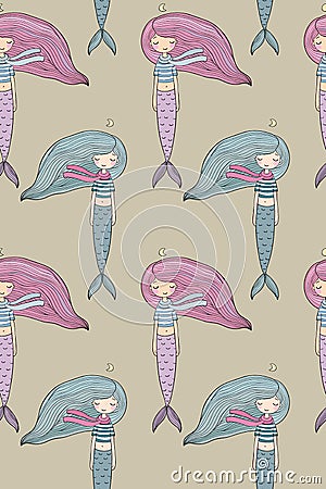 Pattern with cute little mermaid. Siren. Sea theme. Vector Illustration