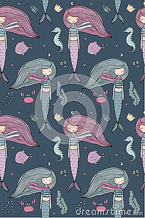 Pattern with cute little mermaid. Siren. Sea theme. Vector Illustration