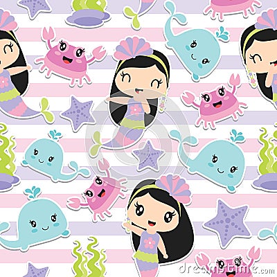 Pattern of cute mermaid girl and sea elements on striped background vector cartoon Cartoon Illustration