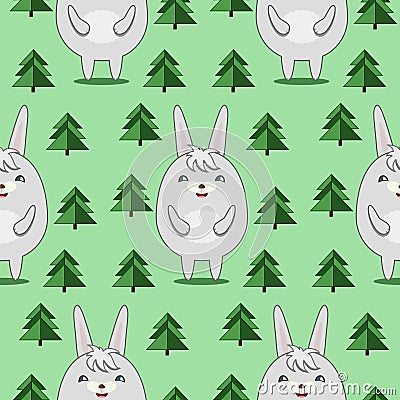 Pattern with Cute Rabbits in Firs Forrest Vector Illustration