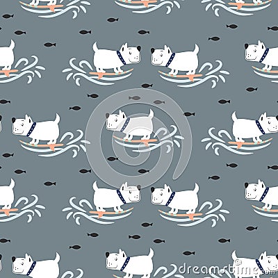 Pattern with cute surf puppies blue sea background. Vector Illustration