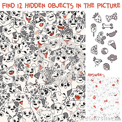 Pattern of Dalmatian puppies. Find 12 hidden objects Vector Illustration