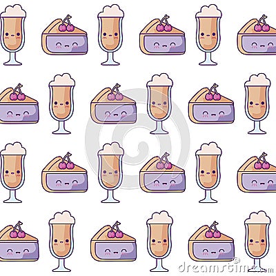 pattern of delicious sliced cakes with cups drink kawaii style Cartoon Illustration