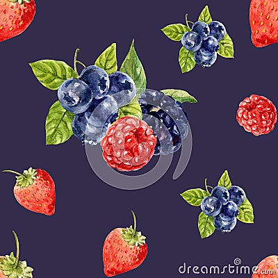 Pattern design with Fruits theme, berries watercolor seamless illustration template Cartoon Illustration