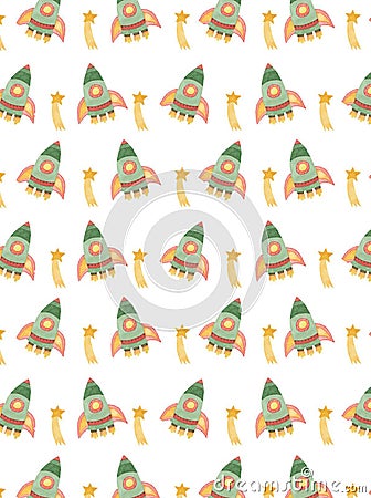 pattern design rocket with stars watercolor Cartoon Illustration