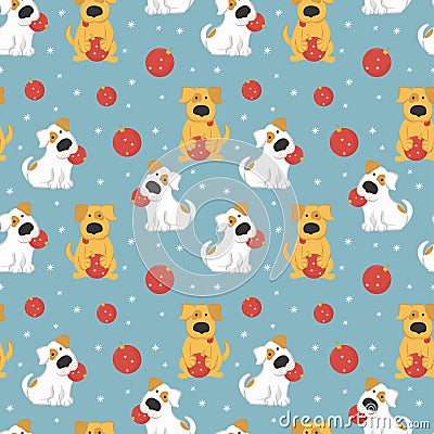 Pattern with dogs and Christmas balls. Vector Illustration