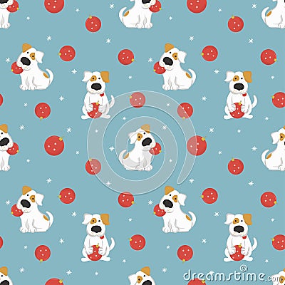 Pattern with dogs and Christmas balls. Vector Illustration