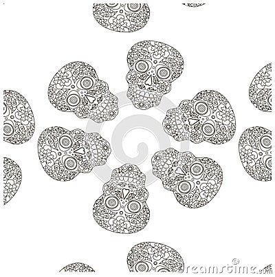 Pattern doodle stylized monochrome skull, hand drawing Vector Illustration