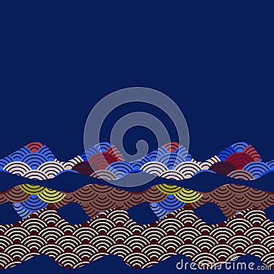 Pattern dragon fish scales simple Nature background with japanese wave circle pattern dark brown burgundy maroon green blue backgr Vector Illustration