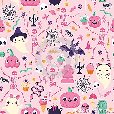 Pattern with elements for Halloween on a pink background Vector Illustration