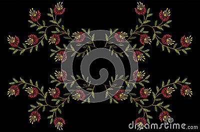 Pattern for embroidery with a satin stitch of wavy twigs with green leaves and red carnations Stock Photo