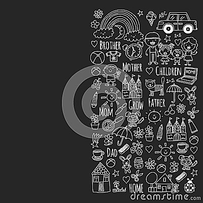 Pattern with family. Mother and father with little children and items for home. Boy and girl with parents. Kindergarten Vector Illustration