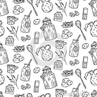 Pattern with farm products line art. Milk containers, lids, cans, mugs, homemade quail eggs, glass. Vector Illustration