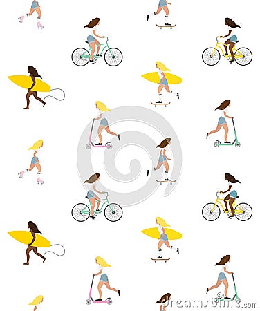 Pattern of flat women with surf, skate, scooter Cartoon Illustration