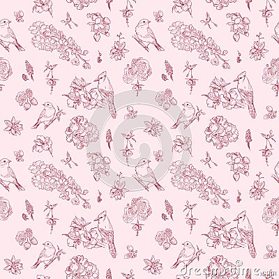 Pattern with floral ornament, toile de jouy. Seamless background. Hand drawn illustration in vintage style Vector Illustration
