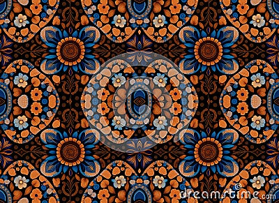 Pattern of flowers and leaves on a black background for tapestries prints. Generative AI Stock Photo