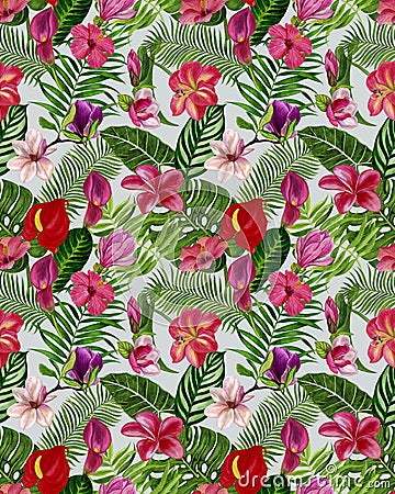 Pattern with flowers and leaves. Handmade watercolour painting. Floral tropical seamless pattern for wallpaper or fabric. Stock Photo