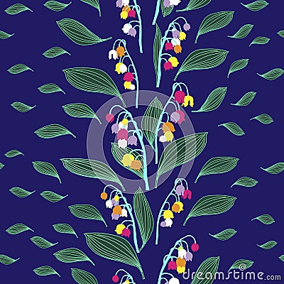 Pattern flowers lilies of the valley and leaves vertical bright unusual colored rows of stripes Vector Illustration