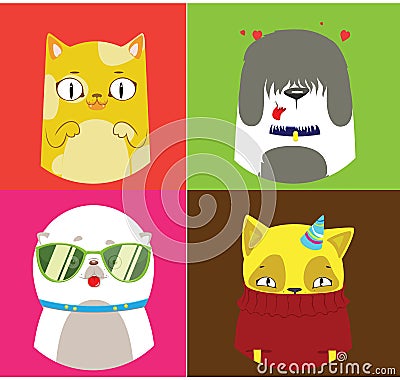 Pattern of four dogs and cats illustrations. Cute set Cartoon Illustration