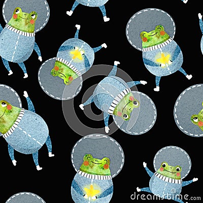 Pattern with frog astronaut Stock Photo